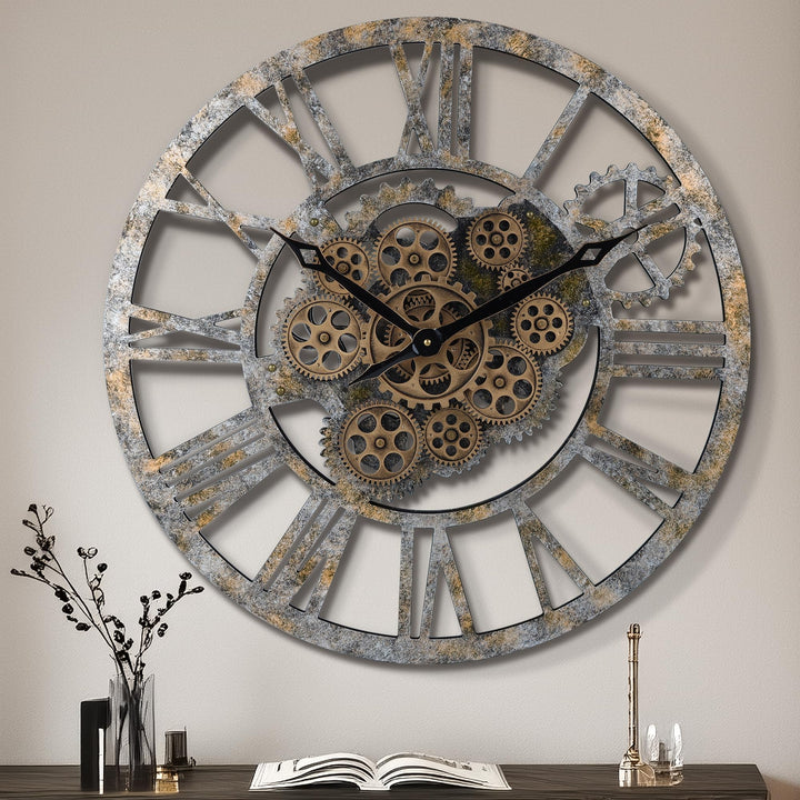 Lafocuse 57cm Vintage Wanduhr Grosse mit Beweglichen Zahnrädern, Shabby Chic Holz, Industriell Steam
