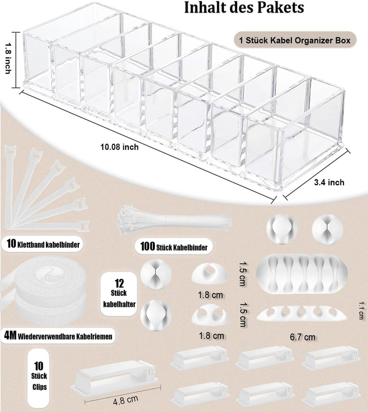 MiuCo 255Pcs Weiss Kabelmanagement Set Mit Kabelbox, Kabelhalter Selbstklebend, Rollenkabelbinder, S