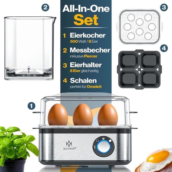 KESSER® Eierkocher für 1 bis 8 Eier elektrisch aus Edelstahl 500W & Warmhaltefunktion | LED-Drehscha