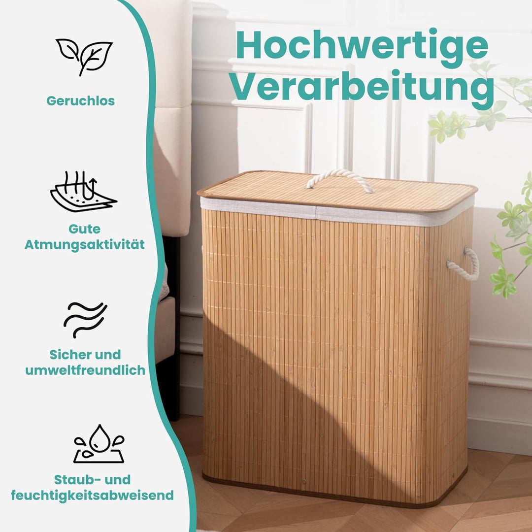 TONYBASKET 105L Bambus Wäschekorb 2 Fächern Wäschesammler mit Deckel | 53x33x60cm Faltbarer Praktisc
