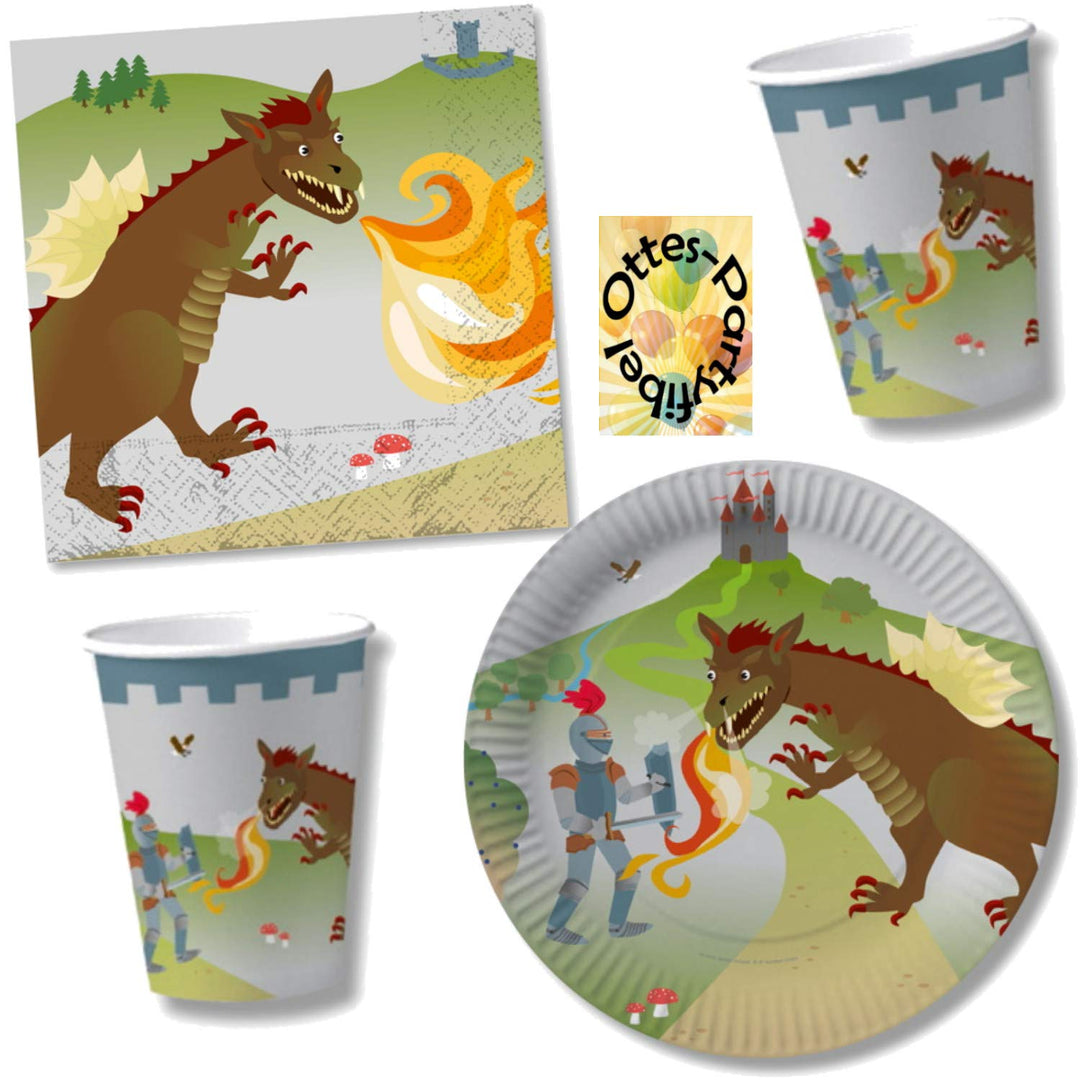 HHO Drachen und Ritter Party-Set 36tlg. für 8 Gäste : Teller Becher Servietten