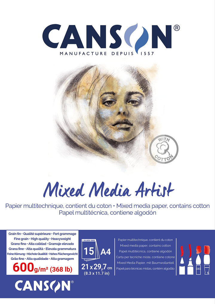 Canson Mix Media Artist Block, A4, 15 Blatt, 10% fein, 600 g