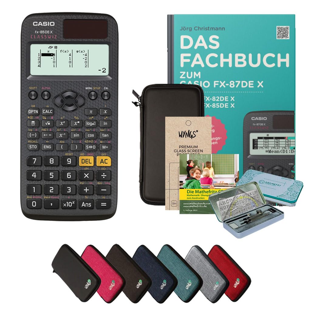 CALCUSO Streberpaket: Casio FX-85DE X + WYNGS Schutztasche schwarz + Fachbuch von CALCUSO + Displays