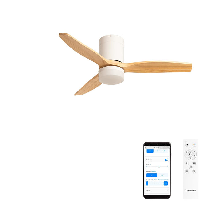 CREATE / WINDCALM S/Deckenventilator ABS mit Beleuchtung Weiss Hellesholzflügel mit WLAN und Fernbed