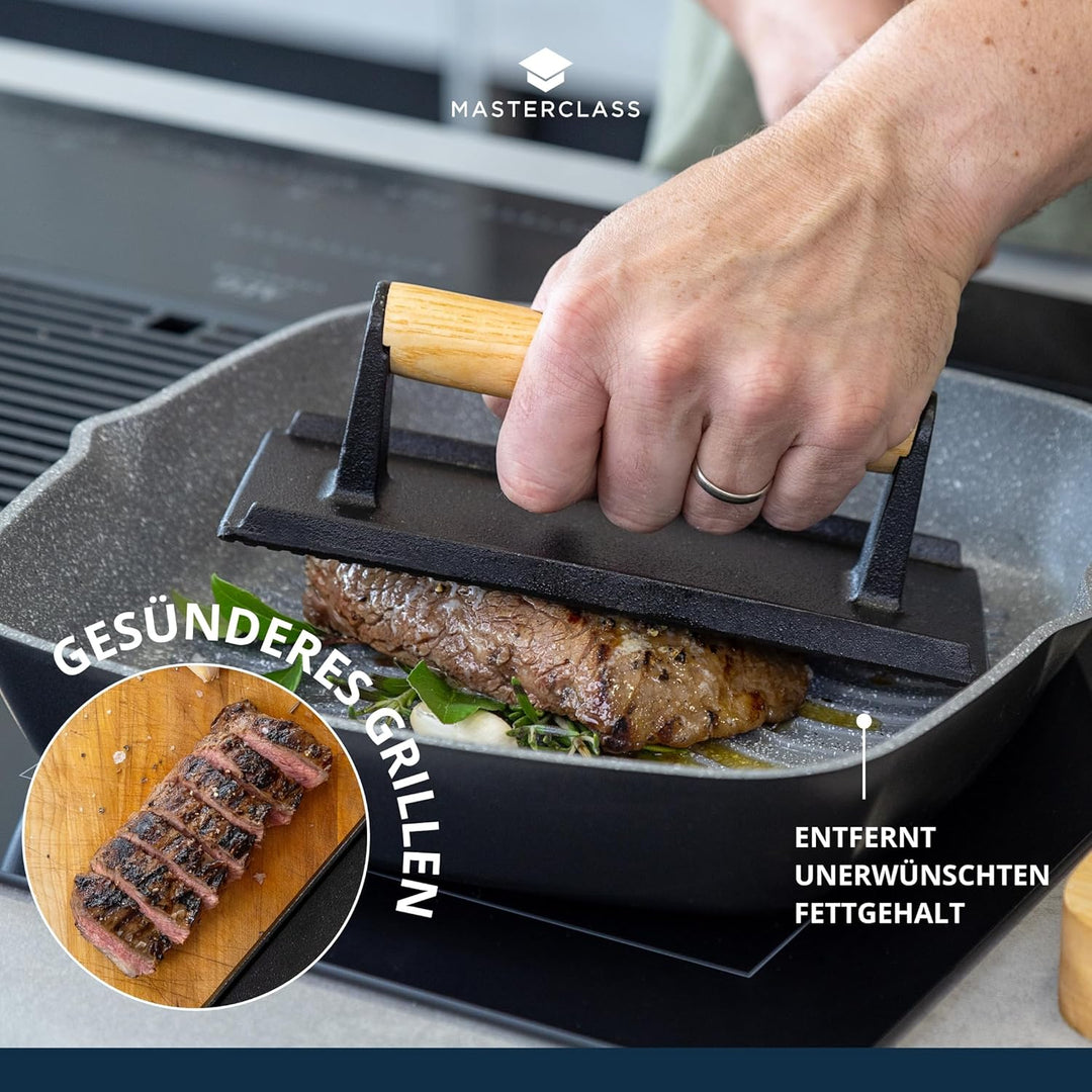 MasterClass Gusseisen Grillpresse, Schweres Steakgewicht mit Holzgriff, Burgerpresse, Zubehör für Gr