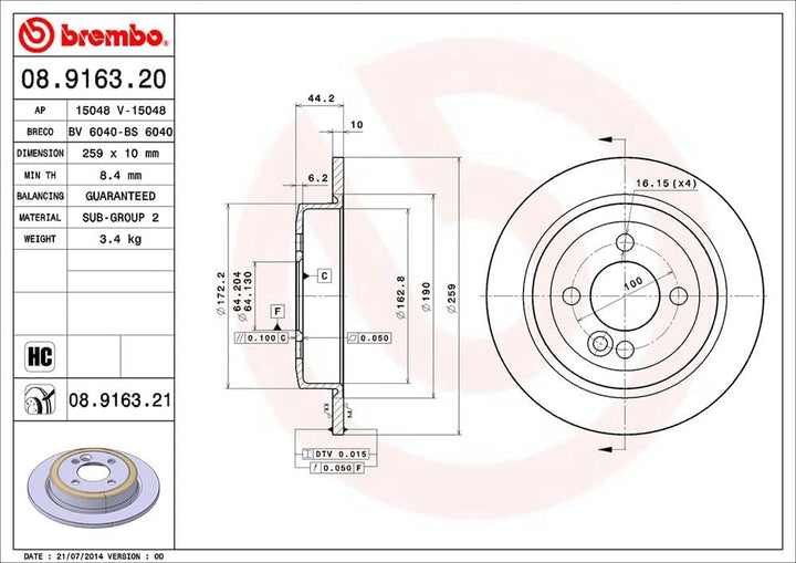 Brembo 08.9163.21 Hintere Bremsscheibe mit UV Lackierung, Anzahl 2