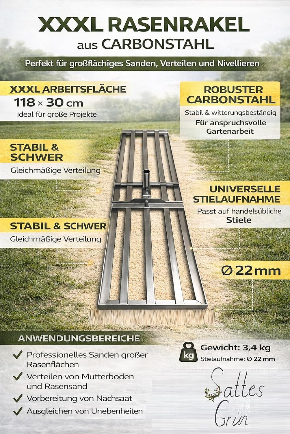 Triple XL Rasenrakel 118 x 30 cm aus Carbonstahl – Profi Leveling Rake ohne Stiel – Flächenebner für