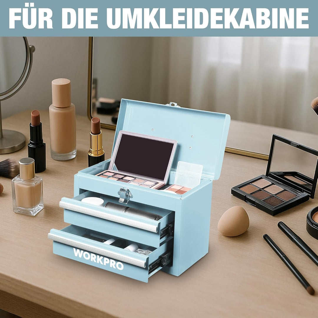 WORKPRO Metall Schubladenbox mit 2 Schubladen & Oberer Stauraum Hellblau, 27,5x15x20,8cm Tisch Organ