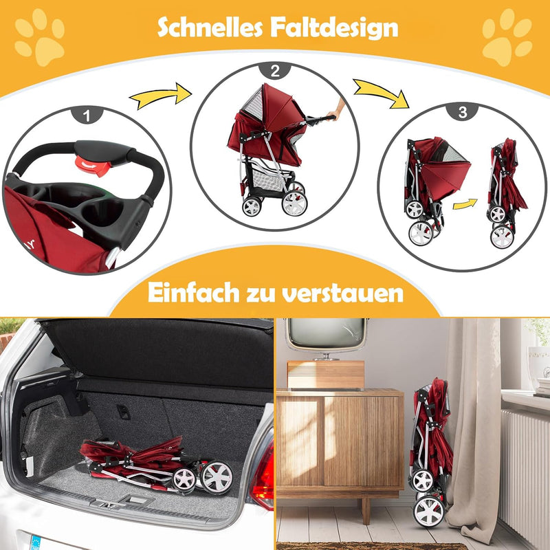 COSTWAY Hundewagen Haustiere Buggy bis 15kg, Hundebuggy mit Netzfenstern & Getränkehalter & Anhänger