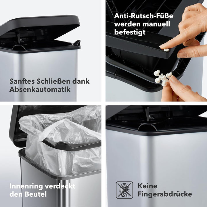 Rotho Paso Mülleimer mit Deckel 40l | Tretmülleimer in Edelstahloptik für Küche, Bad, Werkstatt | pf