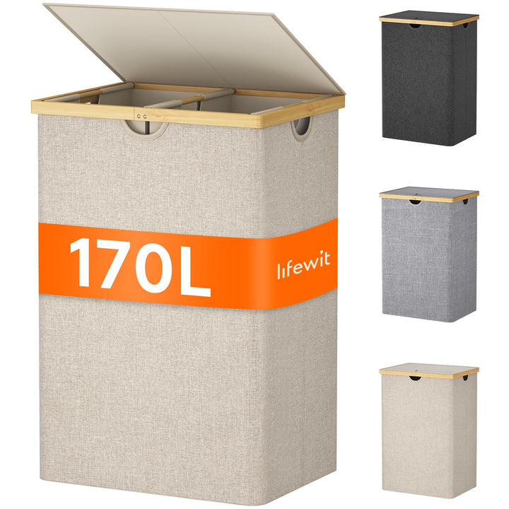 Lifewit 170L Bambus Wäschekorb mit Deckel, Faltbar Wäschesammler 3 Fächer Wäschesortierer mit Abnehm