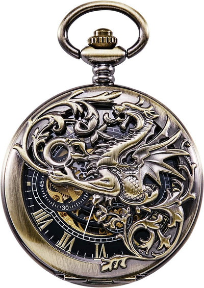 TREEWETO Mechanische Taschenuhr – Dream Dragon Skelett Half Hunter Double Open Silber Gehäuse Bronze