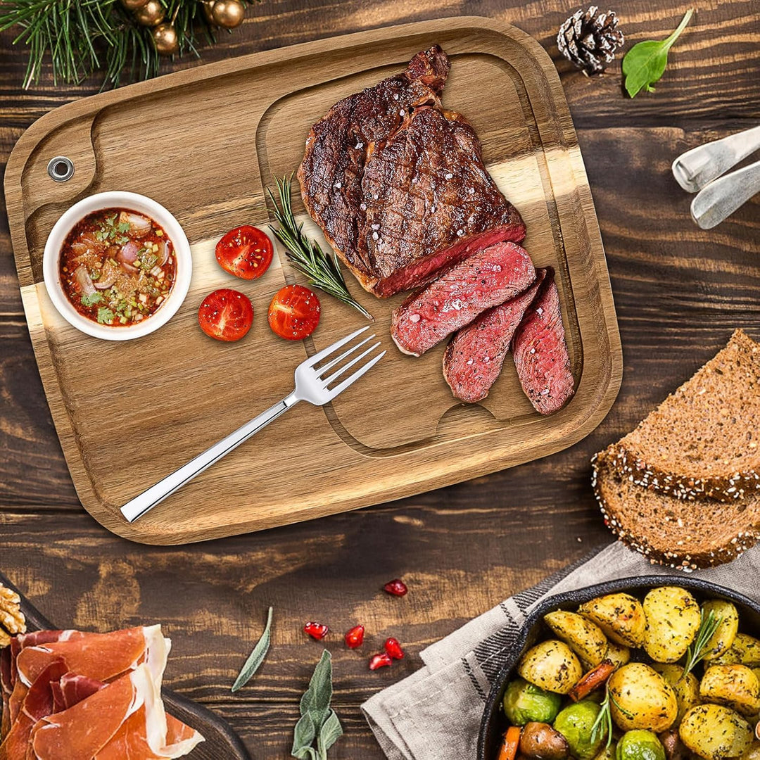 6er Set Steakbretter aus Akazienholz, Holz Steak Servierbrett mit Saftk, Küche Schneidebrett Steakte
