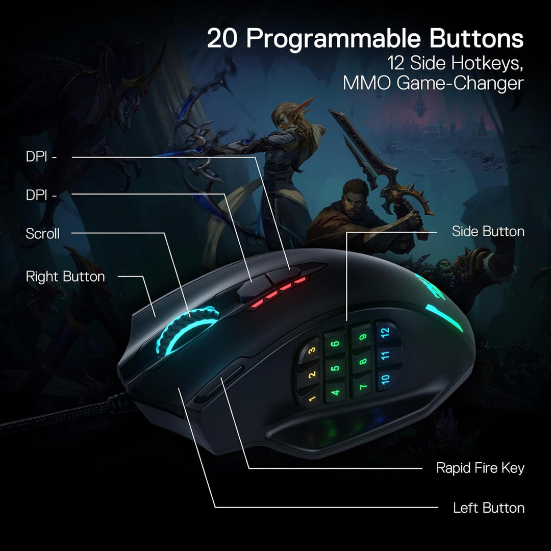 Redragon M908 Impact RGB LED MMO Maus USB Laser Gaming Maus mit 12400dpi, Hohe Präzision, 20 program