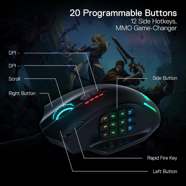 Redragon M908 Impact RGB LED MMO Maus USB Laser Gaming Maus mit 12400dpi, Hohe Präzision, 20 program