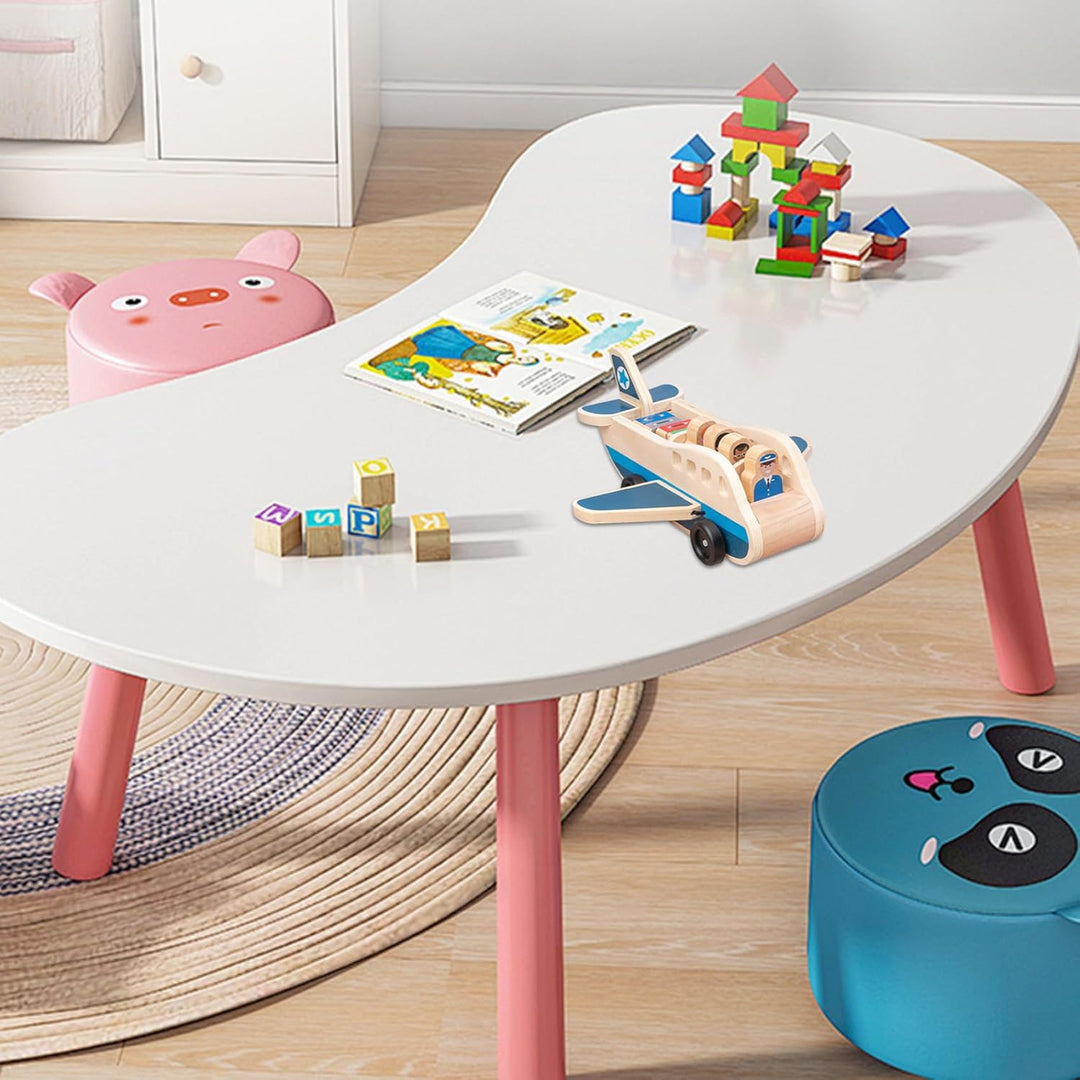 Passagierflugzeug-Set aus Holz, Spielzeugflugzeug mit 4 Spielfiguren und 4 Koffern für Kleinkinder,