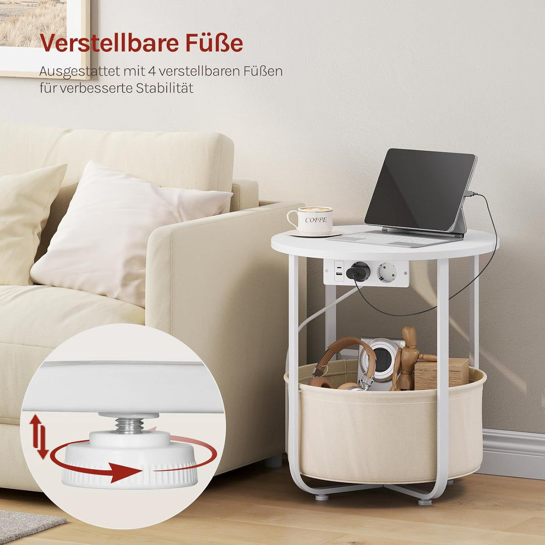 WOLTU Couchtisch rund, Kleiner Beistelltisch mit Steckdose, Abnehmbarer Korb aus Stoff, Metallrahmen