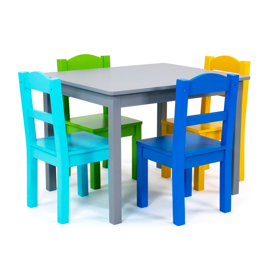Humble Crew bunter Holztisch für Kinder, Grau/Blau/Grün/Gelb! Mit 4 Stühlen, ideal für Kinderzimmer.