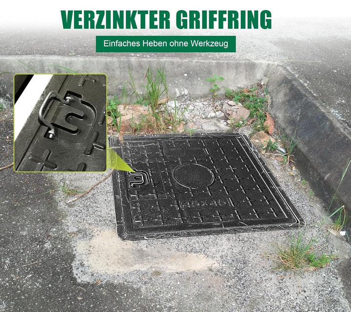 GFK-Schachtabdeckung mit Rahmen Griff 450x450 mm A15 Schachtdeckel Kanaldeckel Revisionsschacht für