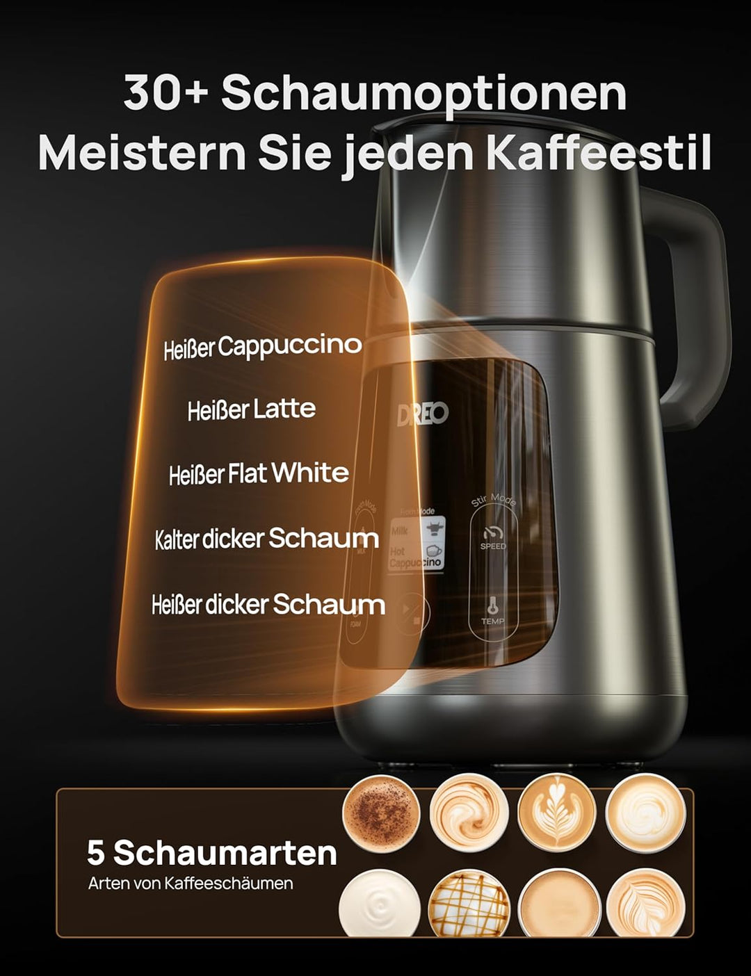 Dreo Milchaufschäumer Elektrisch [Verbessert], All-in-1 450ml Elektrischer Milchschäumer für Latte,