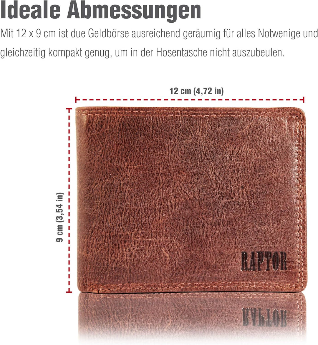 Raptor Herren-Geldbörse Echtleder Used Look Querformat braun 12x9 cm RA40003, Braun