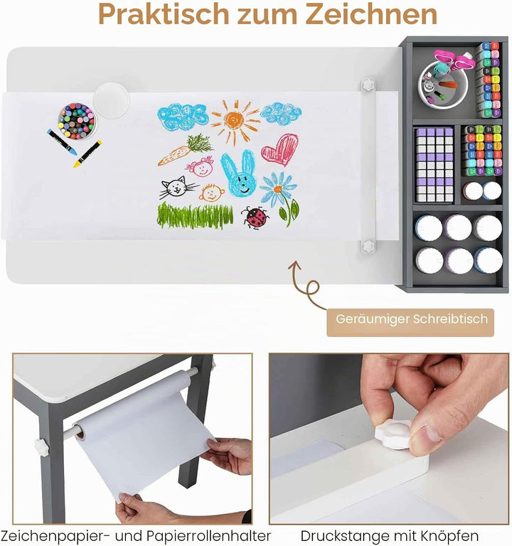 LIFEZEAL Kindertisch mit 2 Stühlen, Kinder Spieltisch und Stühle Set mit Papierrollen und 4 Stoffabl