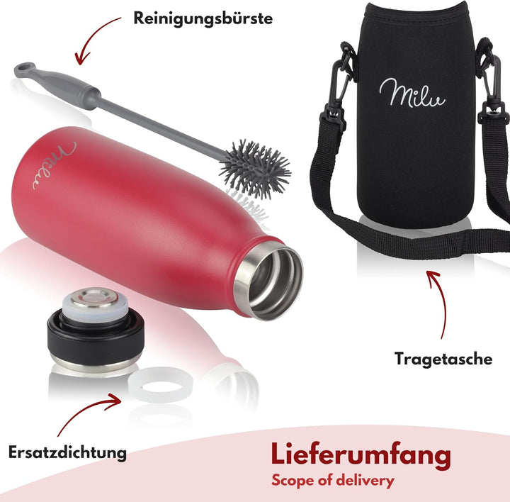 Milu Edelstahl Trinkflasche 350ml, 500ml, 750ml, 1L, 1,5L – Thermosflasche für Kinder Erwachsene aus