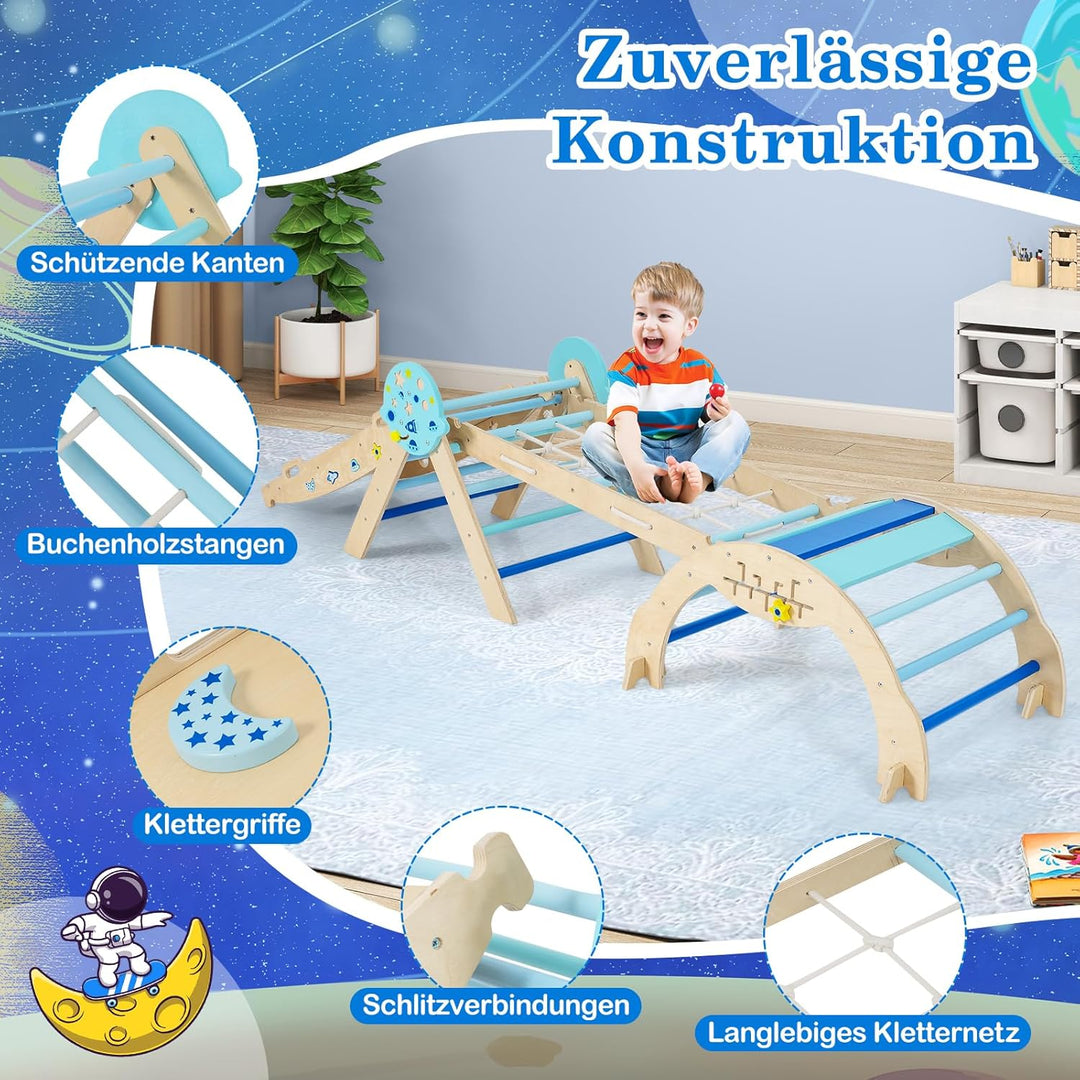 COSTWAY Klettergerüst Indoor 4er Set, klappabres Kletterdreieck mit Rutsche, Kletterbogen, Netz, ink
