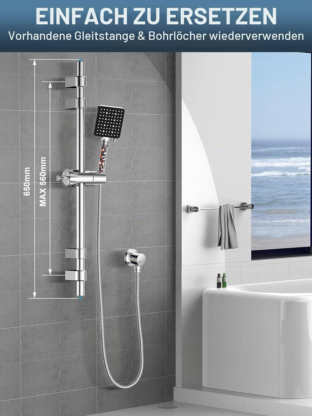 YEAUPR PRO Shower Riser Kit - quadratischer Duschkopf mit 6 Sprühmodi, Duschstange mit Duschkopf, 16