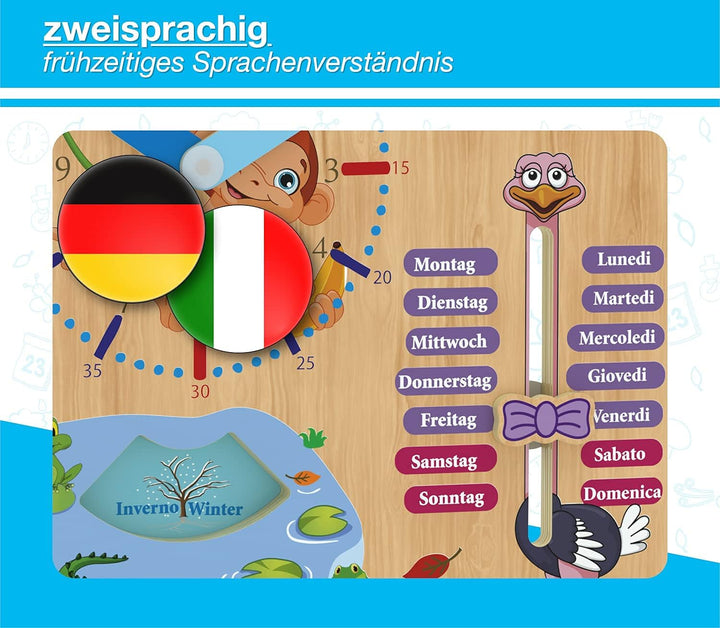 WoodyWood® Kalenderuhr für Kinder - Lernuhr aus Holz, zweisprachig, 30 X 30 cm - Montessori Jahresuh