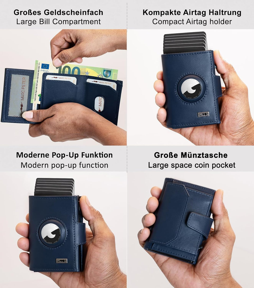 Marc Peter® Chicago Leder Push Air Slim Wallet - Airtag Geldbörse mit Münzfach - RFID Schutz kleines