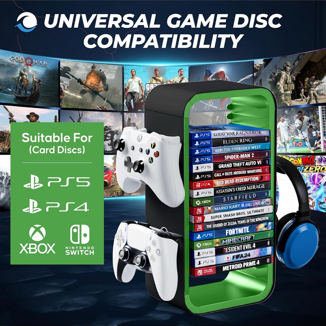 Universal Games Storage Tower Pro - Bis zu 18 Spiele - Mit Controller Halterung für bis zu 4 Gamepad