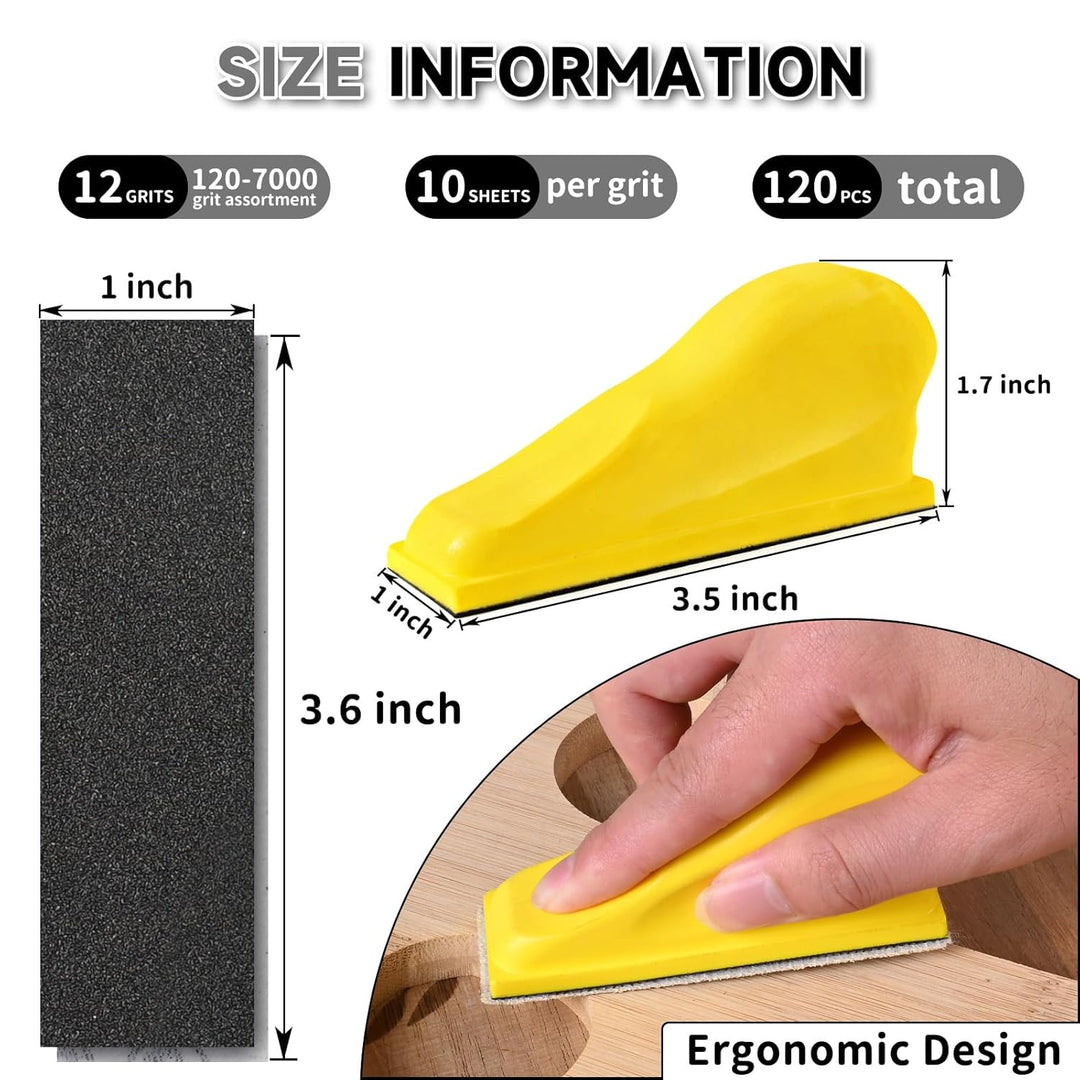 120 Stück Schleifpapier mit 90x30 mm Schleifklotz Set, Mini Schleifwerkzeuge, 120/180/240/400/600/80