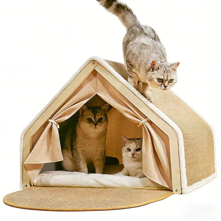 Katzenhaus mit Kratzbrett, 2-in-1Holz Sisal Katzenhaus Kratzbrett, Katzenzelt Gemütliche Indoor Katz