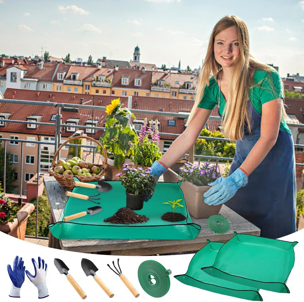 2 Stück Pflanzunterlage, 100x100cm wasserdichte Gartenmatte Pflanzmatte mit 3 Gartenschaufel, Handsc