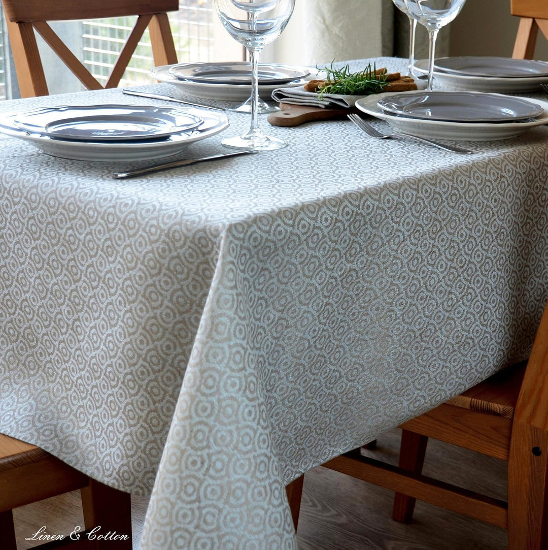 Linen &amp; Cotton Jacquard Damast Tischdecke Stoff Cervo - 100% Leinen, Hellblau Blau Beige (147 x 147
