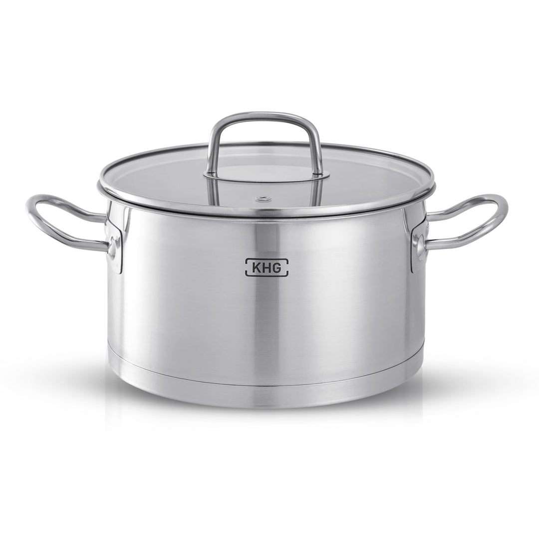 KHG Topf Kochtopf Fleischtopf 20 cm Induktion, Edelstahl unbeschichtet inkl. Glasdeckel | 11,5 cm ho