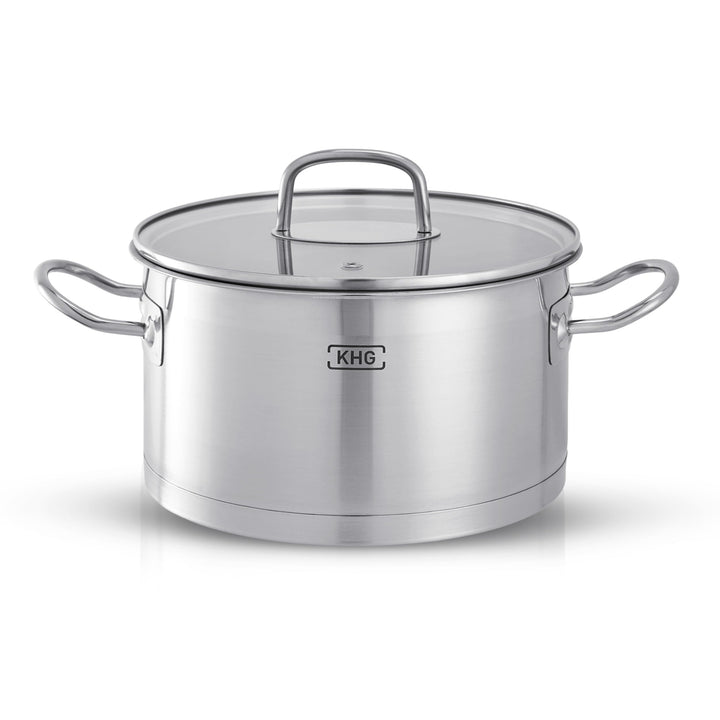 KHG Topf Kochtopf Fleischtopf 20 cm Induktion, Edelstahl unbeschichtet inkl. Glasdeckel | 11,5 cm ho