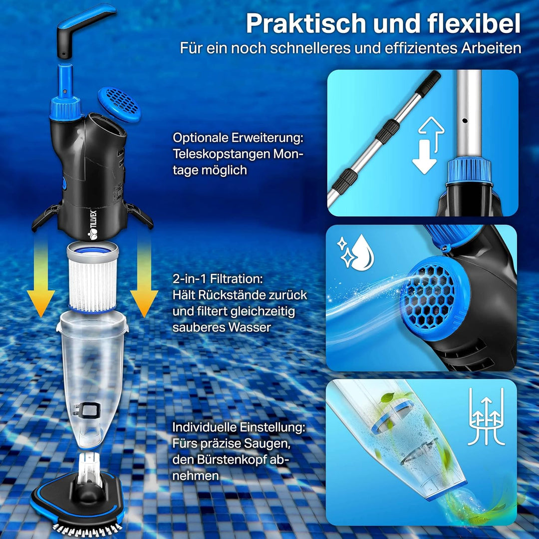 tillvex Poolsauger mit Akku | Pool Bodensauger Teleskopstange elektrisch | Poolreiniger mit Filter &