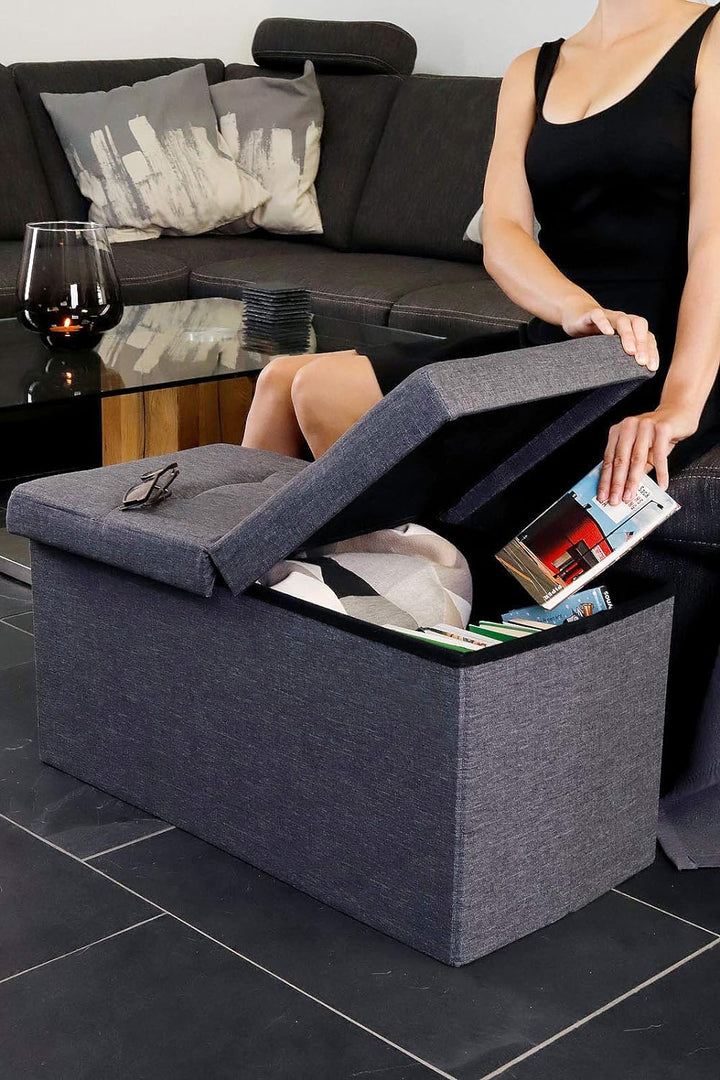 dibea Sitzbank mit Klappdeckel 76x38x38 cm, Leinen grau, Leinen Grau