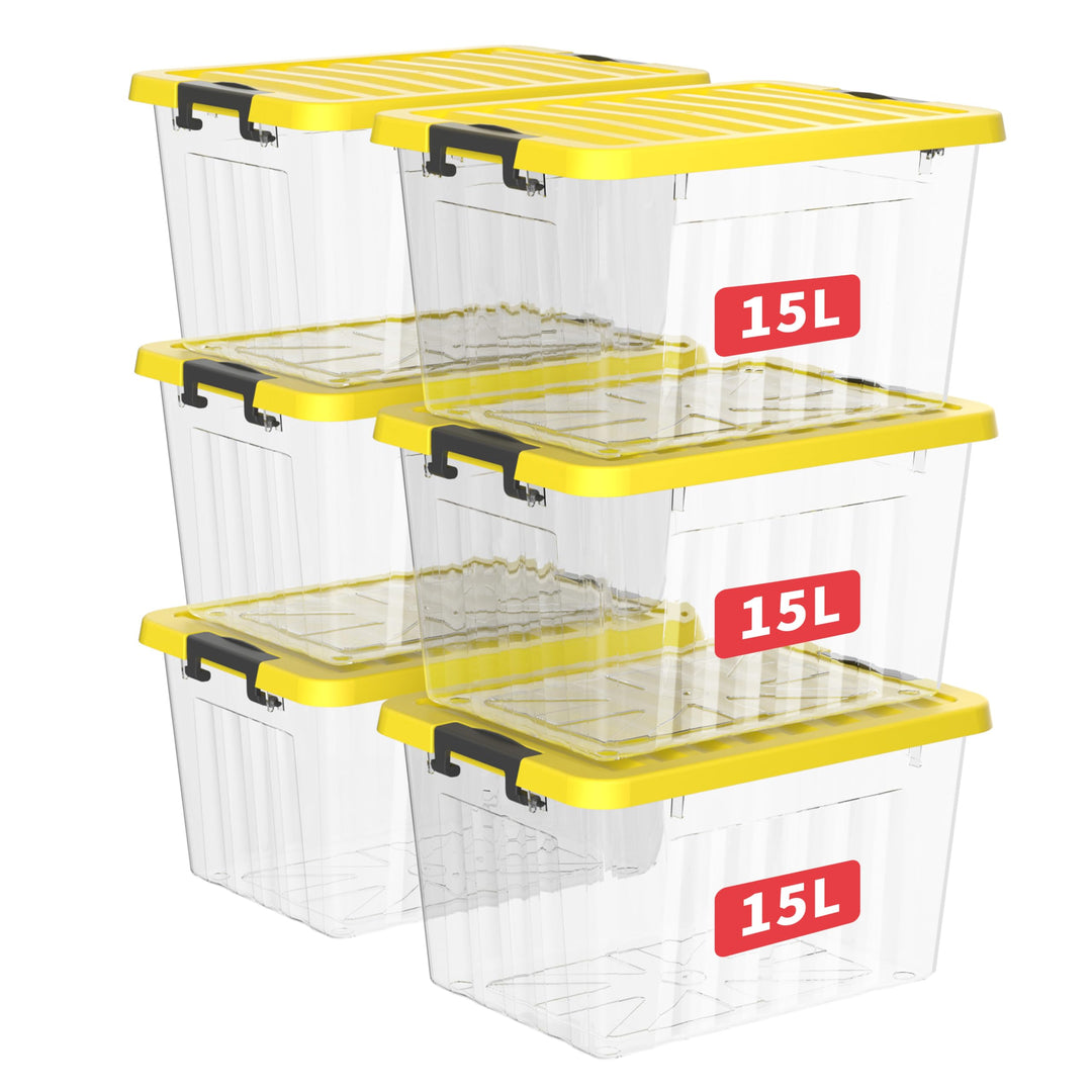 Cetomo 15L*3 Kunststoff-Aufbewahrungsbox Transparent mit langlebigen gelben Deckel und Sicherheitsve