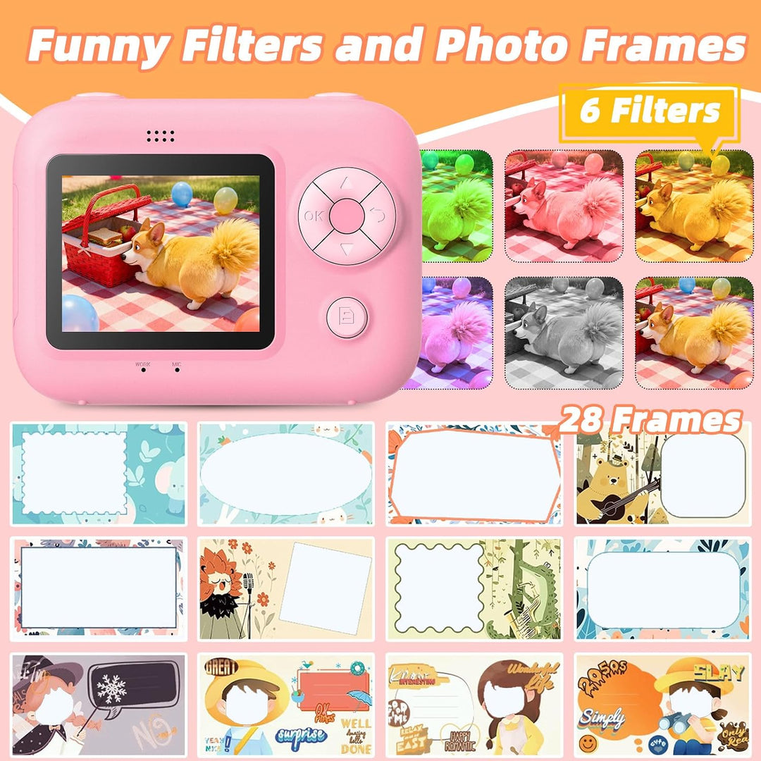 Kinder Sofortbildkamera, Digitalkamera mit Druck | 2,4 Zoll Display, 1080P HD Video, TF Karte &amp; 5 Ro