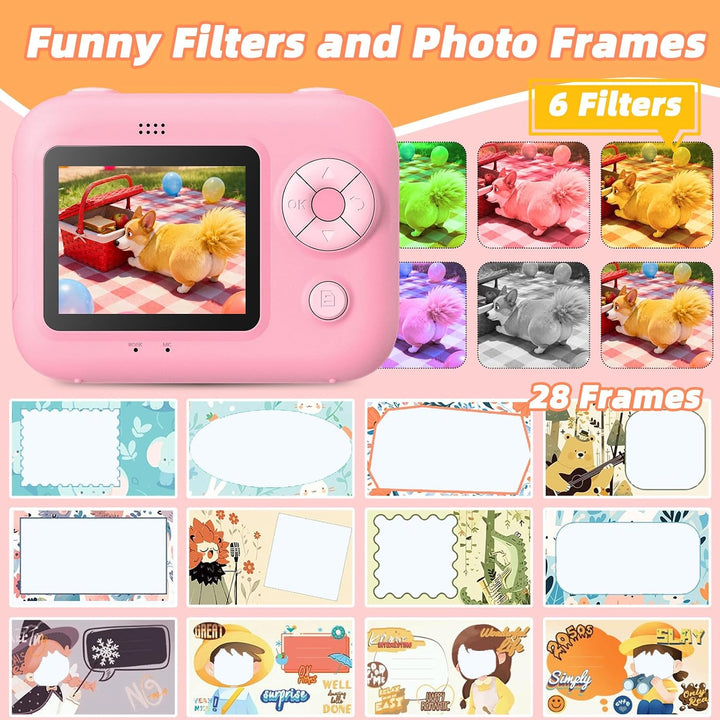 Kinder Sofortbildkamera, Digitalkamera mit Druck | 2,4 Zoll Display, 1080P HD Video, TF Karte &amp; 5 Ro