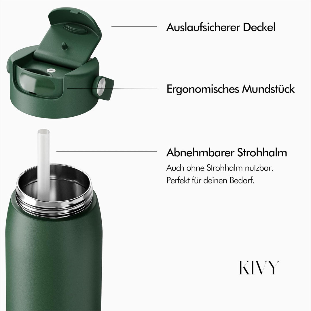 KIVY Edelstahl Trinkflasche mit Strohhalm 700ml - Spülmaschinenfest Dunkelgrün 700 ml, Dunkelgrün 70