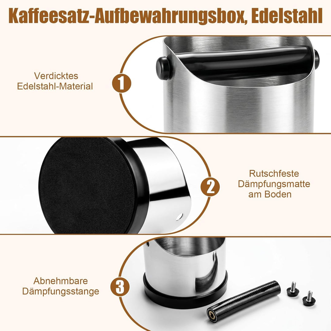 Abklopfbehälter für Siebträger, 700 ml Edelstahl Espresso Kaffee Knock Box, Rutschfester Basis, Abkl