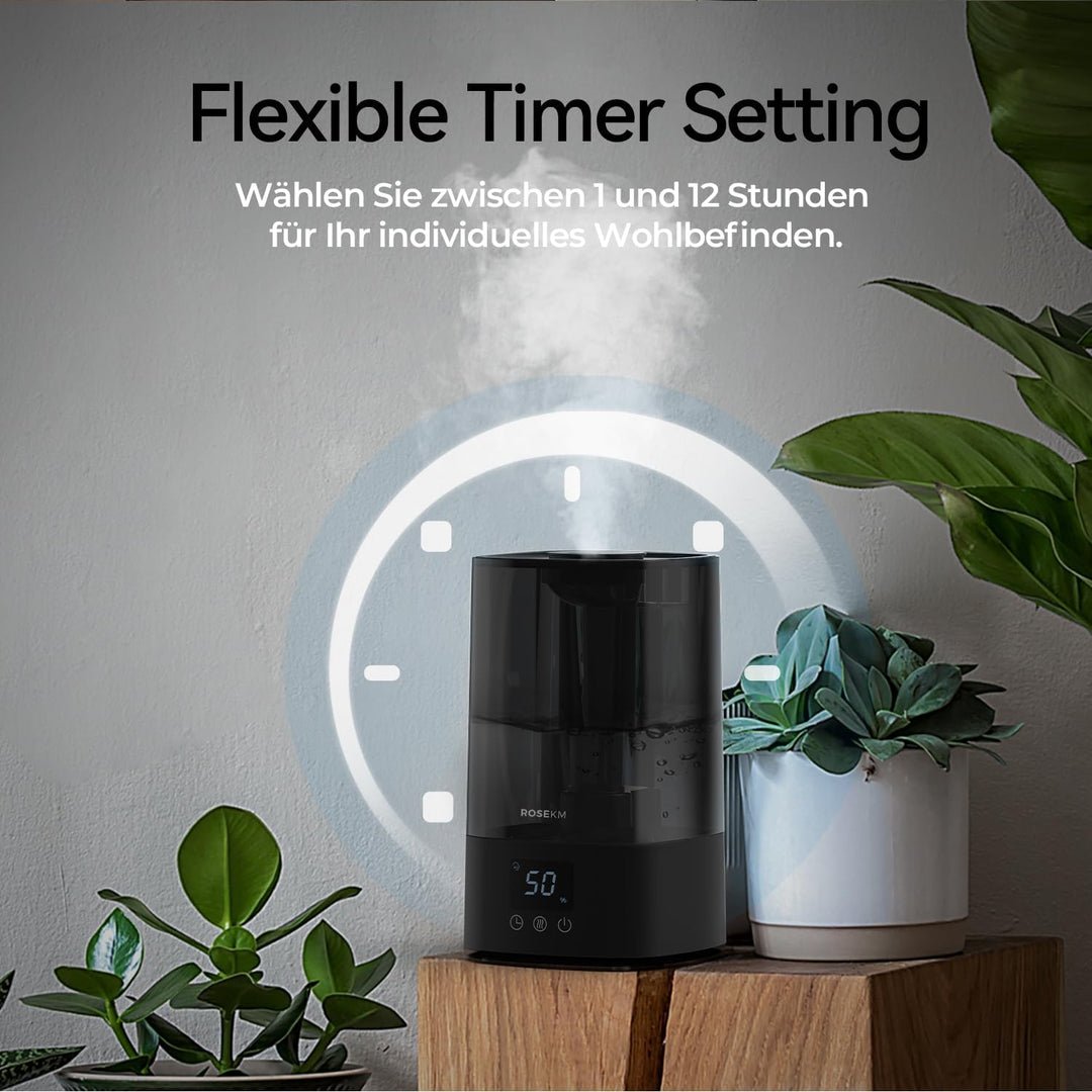 Automatischer Luftbefeuchter für Schlafzimmer & grosse Räume, 4,5L Kaltnebel-Befeuchter mit Timer &