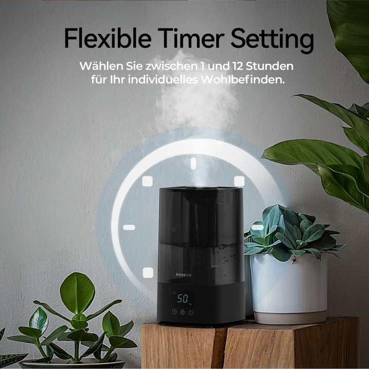 Automatischer Luftbefeuchter für Schlafzimmer & grosse Räume, 4,5L Kaltnebel-Befeuchter mit Timer &