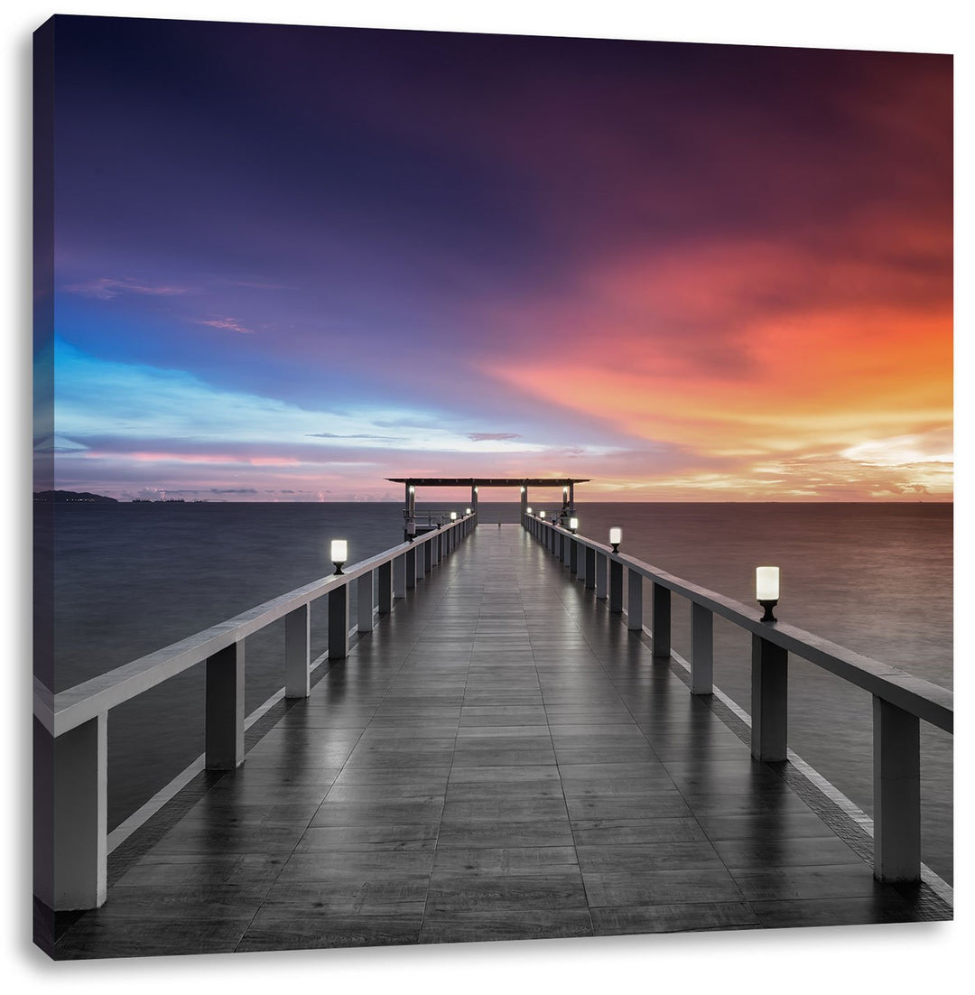 Pixxprint Moderner Holzsteg ins Meer Schwarz/Weiss, Format: 70x70 auf Leinwand, 70x70