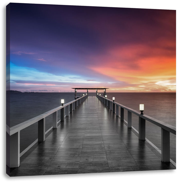 Pixxprint Moderner Holzsteg ins Meer Schwarz/Weiss, Format: 70x70 auf Leinwand, 70x70