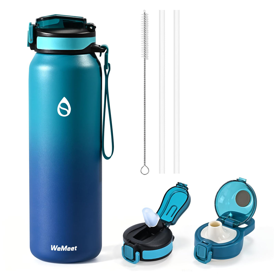 WEMEET 1000ml Thermosflasche Edelstahl, Auslaufsicher Isolierte flasche mit Strohhalm &amp; 2 Deckel, id